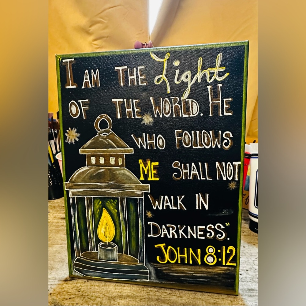 Hand-Painted Lantern Wall Art with Quote John 8:12 Size 9 X 12 panel